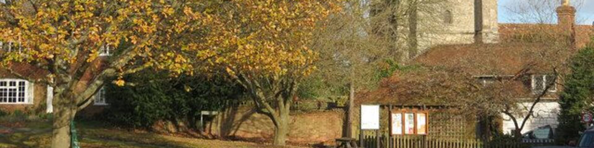 A green beside The Street, Egerton, Kent, looking northeast to the tower of St James' parish church