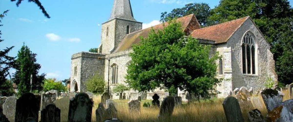Saint Nicholas Church, Pluckley. St Nicholas Church and churchyard, Pluckley, viewed from the South East.