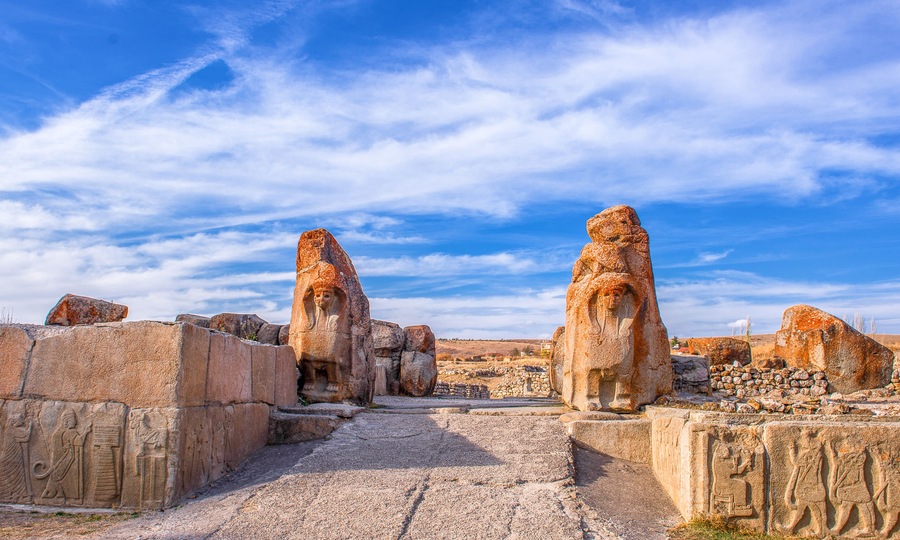 The Lion Gate in the south west of Hattusa at sun rise, also known as Hattusha, is an ancient city located near modern Bogazkale in the Corum Province of Turkey’s Black Sea Region.