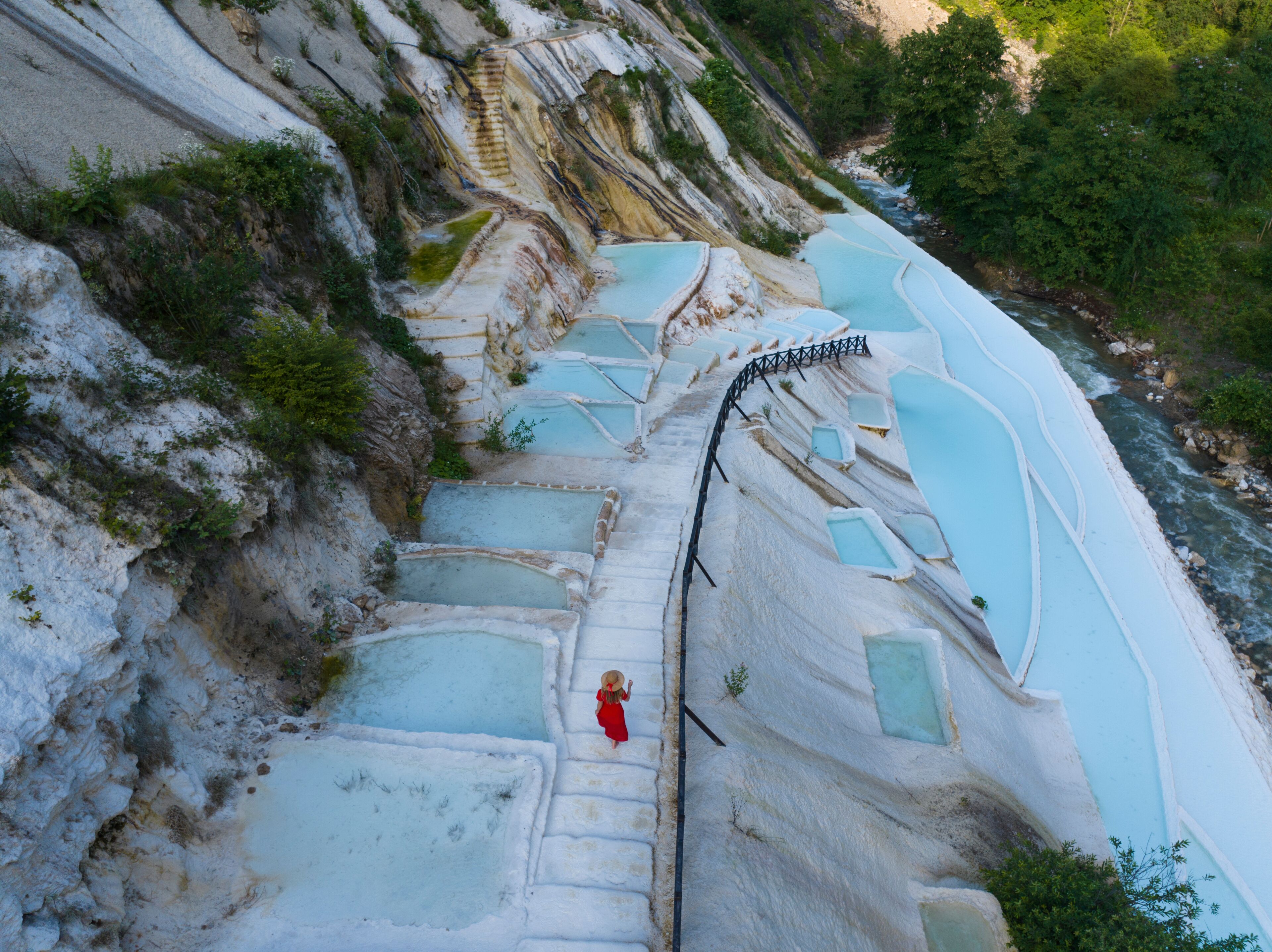 Woman in Red Dress on the Turquoise Travertines Drone Photo, Göksu Travertines Dereli, Giresun Turkey (Turkiye)