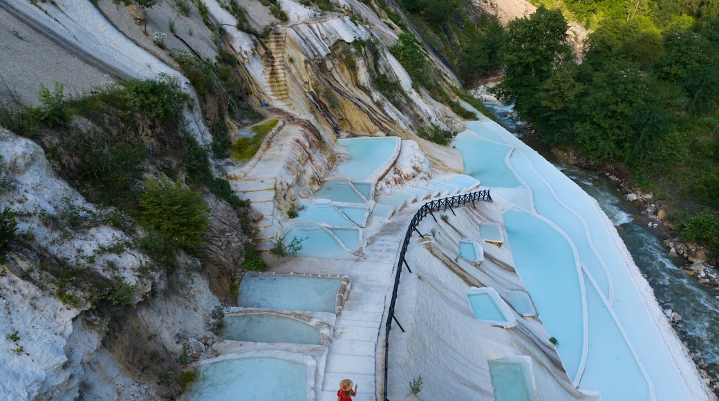 Woman in Red Dress on the Turquoise Travertines Drone Photo, Göksu Travertines Dereli, Giresun Turkey (Turkiye)