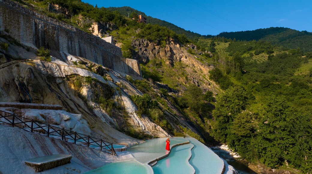 Woman in Red Dress on the Turquoise Travertines Drone Photo, Göksu Travertines Dereli, Giresun Turkey (Turkiye)