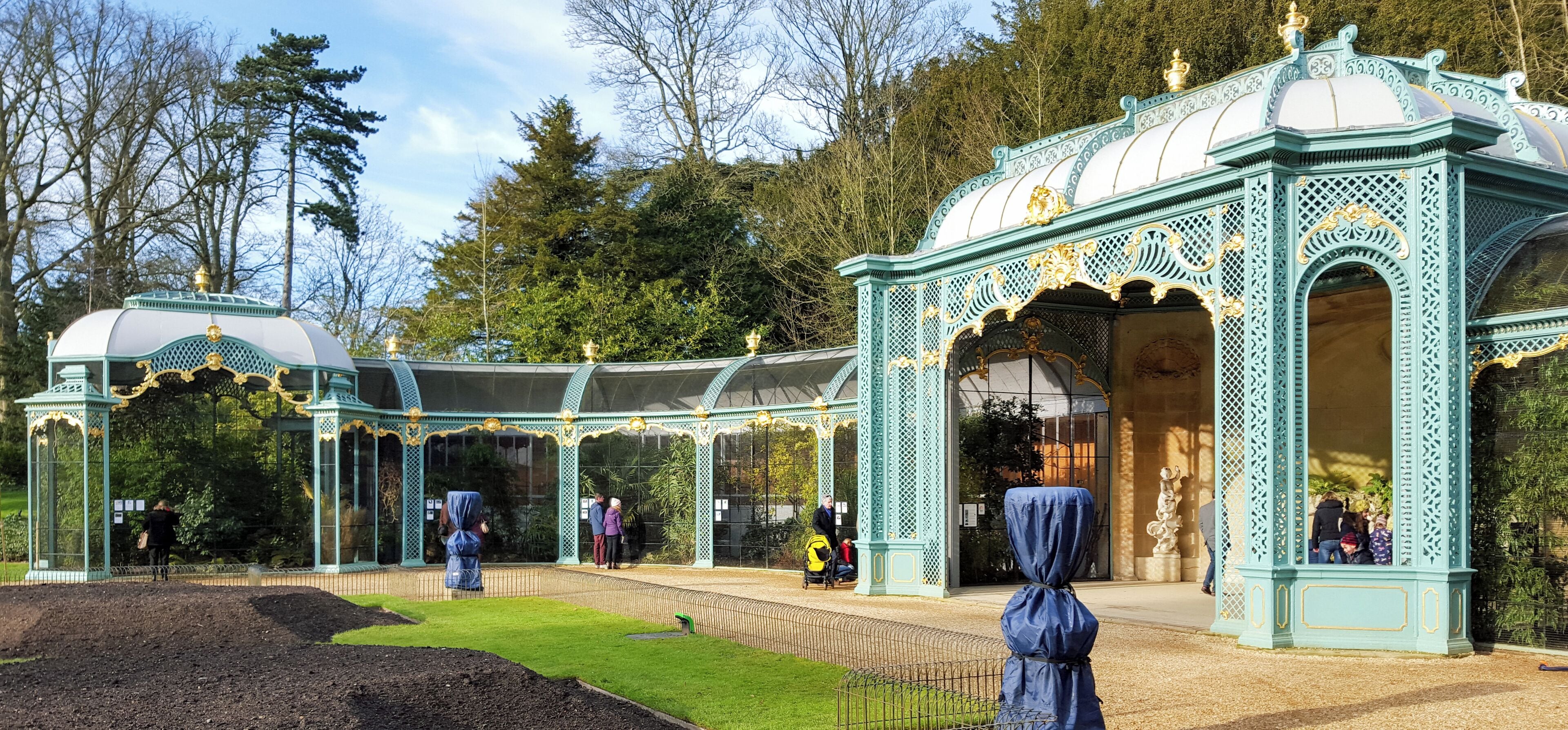 The north-west wing of the aviary in Waddesdon Manor Gardens. This is a Grade II listed building in England.