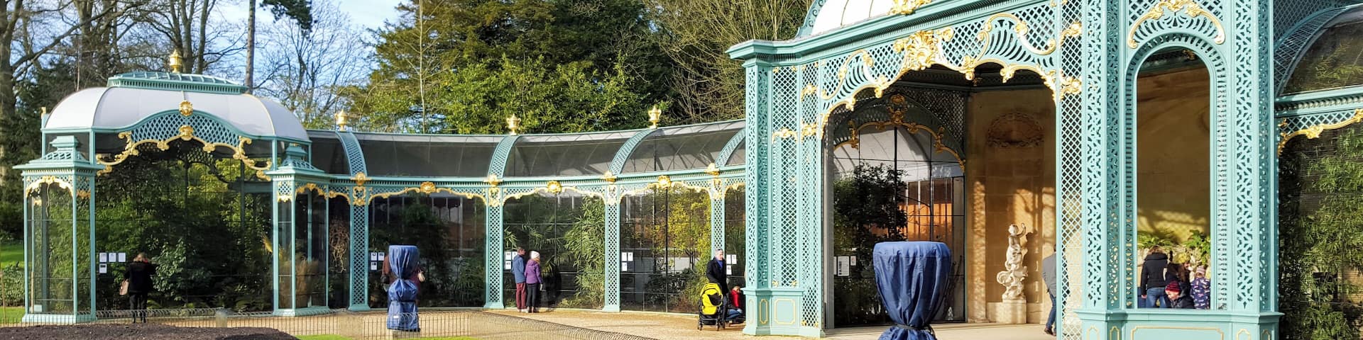 The north-west wing of the aviary in Waddesdon Manor Gardens. This is a Grade II listed building in England.