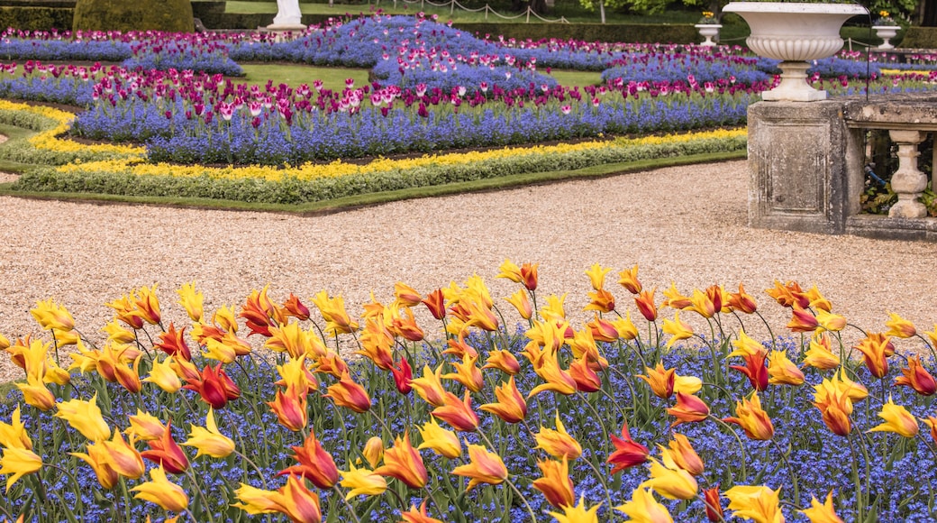 Een formele tuin met diverse kleurrijke bloemen, beelden en een fontein.