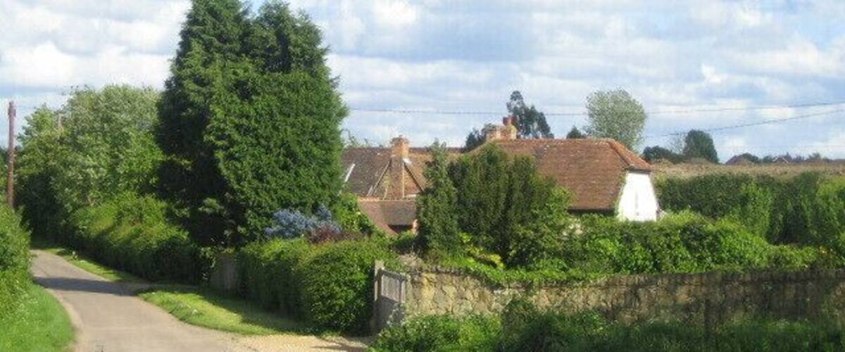 A narrow rural road flanked by lush greenery and traditional houses.