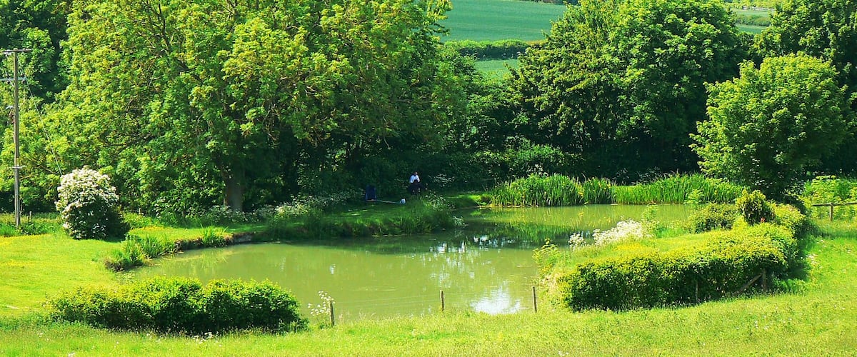 A lush green landscape with a pond, trees, and a distant church spire.