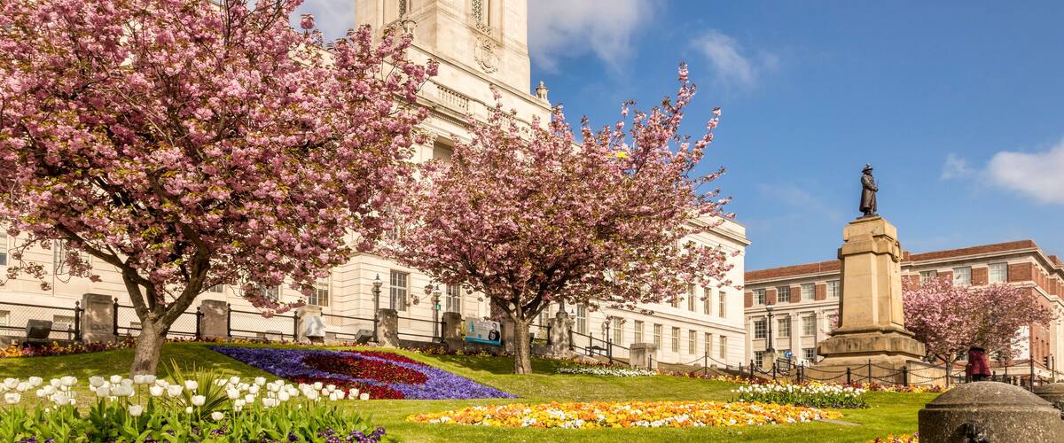 Barnsley, South Yorkshire - Barnsley Town Hall on a fine spring day, with blue sky and gardens in bloom.