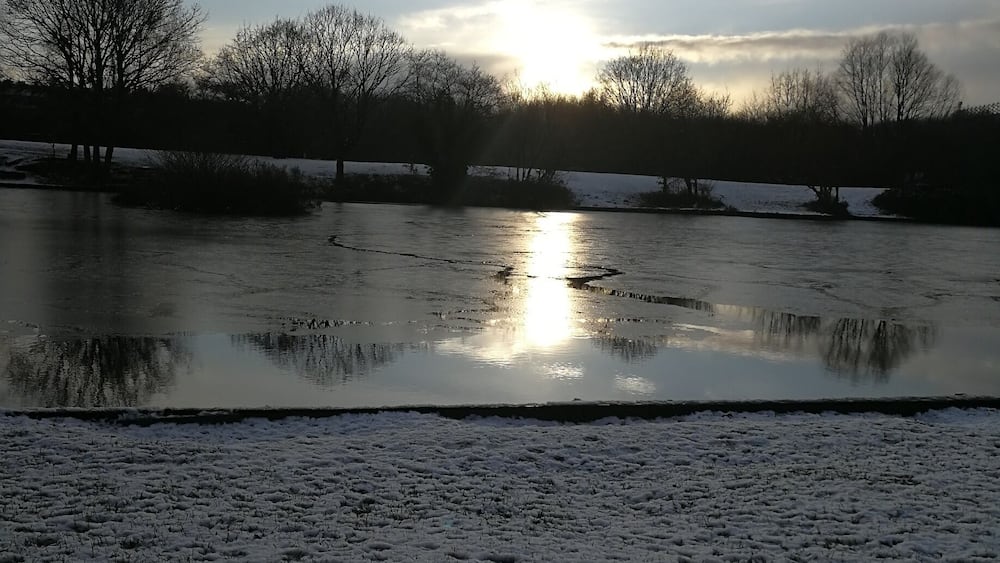 A frozen lake with bare trees silhouetted against a cloudy sky.
