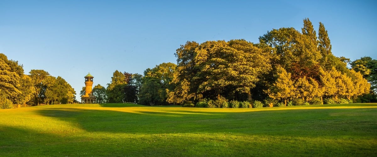 3 photo stitch panorama of my local park, taken just before sunset, great place for a late evening summertime stroll