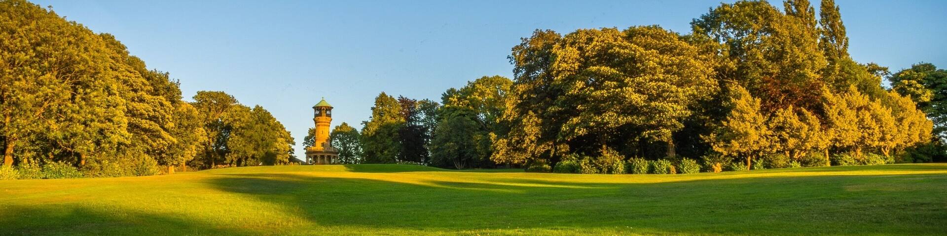 3 photo stitch panorama of my local park, taken just before sunset, great place for a late evening summertime stroll