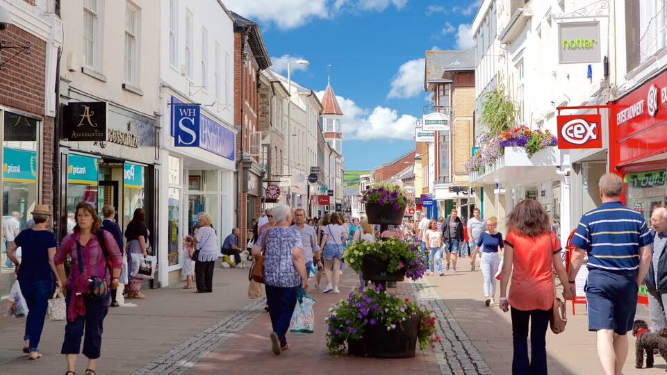 A busy pedestrian street lined with shops and cafes, with people walking and a dog on a leash.