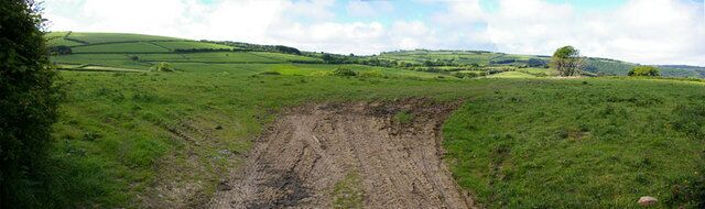A muddy field with a large pothole.