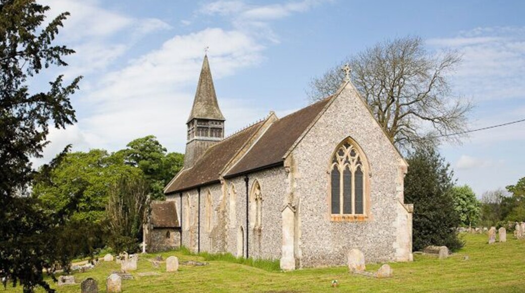 St Michael's Church Looking across Steventon Road from a high bank on its opposite side. There were actually cars parked in the road below the bottom of the picture.