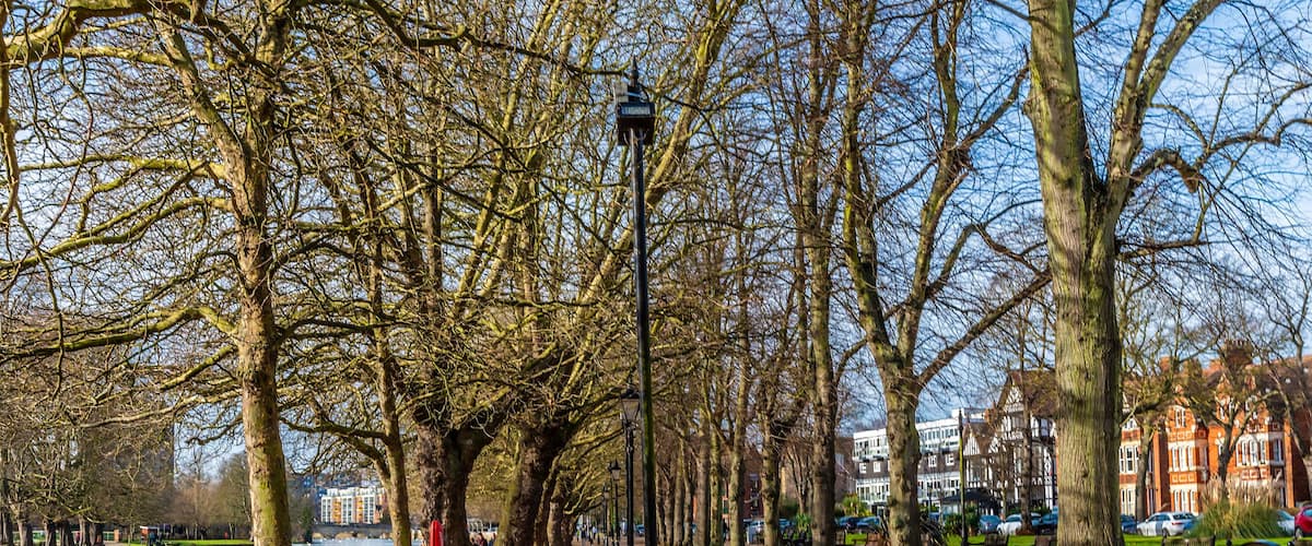 A view down the Embankment beside the River Great Ouse in Bedford, UK on a bright sunny day