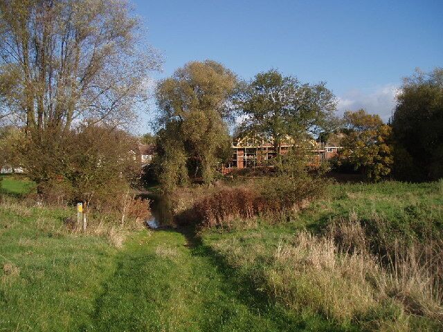 A grassy field with a small stream, trees, and a house in the background.
