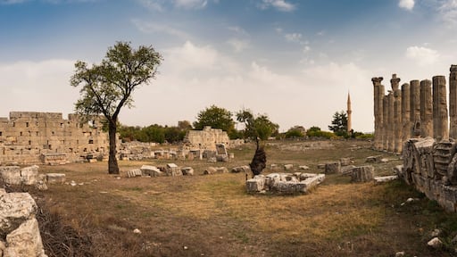 Marble columns of Zeus temple at Uzuncaburc Ancient city panoromic view. Uzuncaburc antique city is in the rural area of Silifke district. Mersin, Turkey