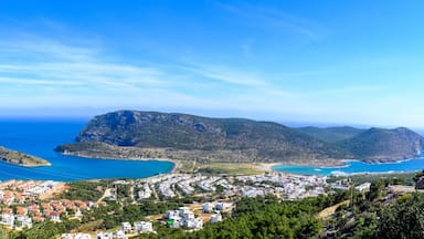 A coastal landscape with a prominent island, a winding road, and a clear blue sky.