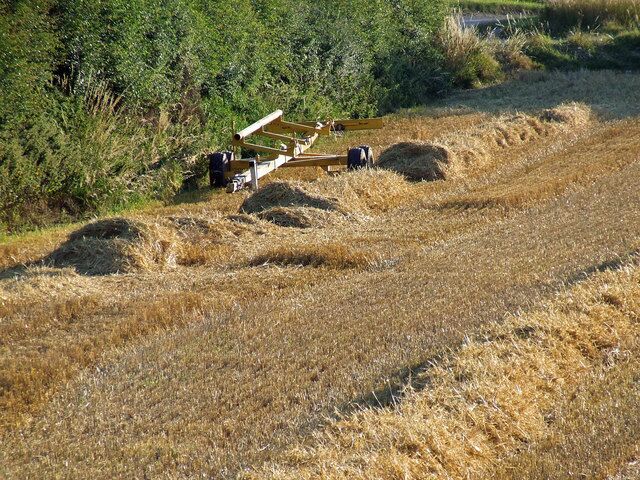 Fields being harvested. A header trailer of a New Holland combine parked on the edge of a field at Catwick, East Riding of Yorkshire, England.