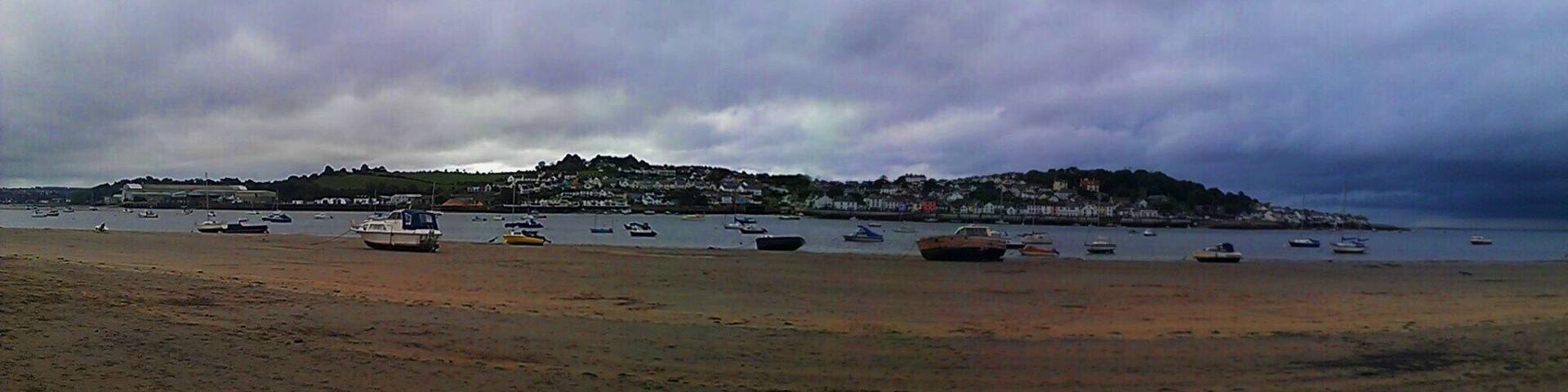 Panoramic photograph of the beach at Instow, Devon, overlooking the town of Appledore.