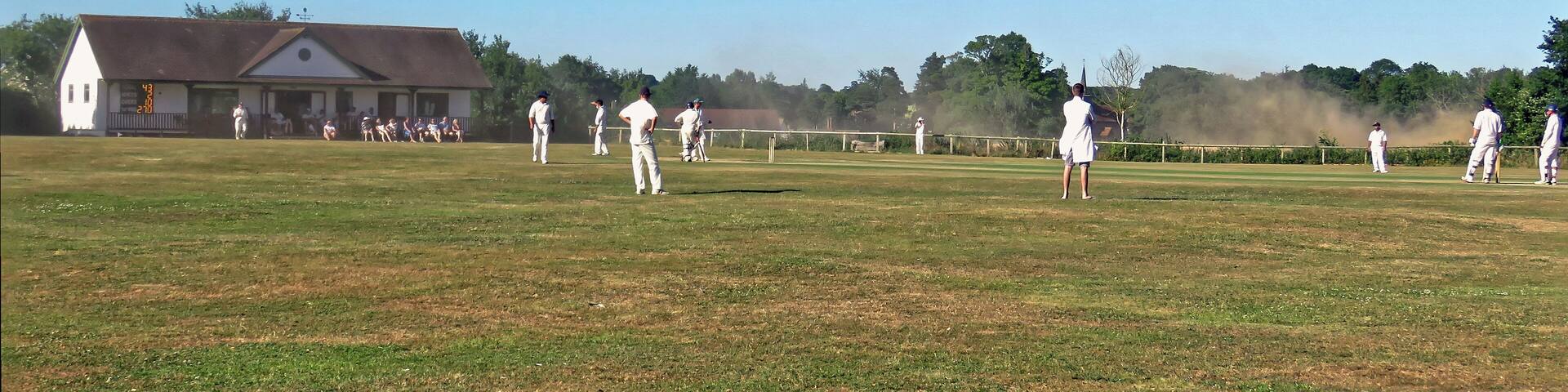A public Herts and Essex League Saturday cricket game between Little Hallingbury CC and Thorley CC (Thorley batting), at Gaston Green, Little Hallingbury, Essex, England in 2018. Camera: Canon PowerShot SX60 HS Software: File lens-corrected, optimized, perhaps cropped, with DxO PhotoLab, and likely further optimized with Adobe Photoshop CS2.