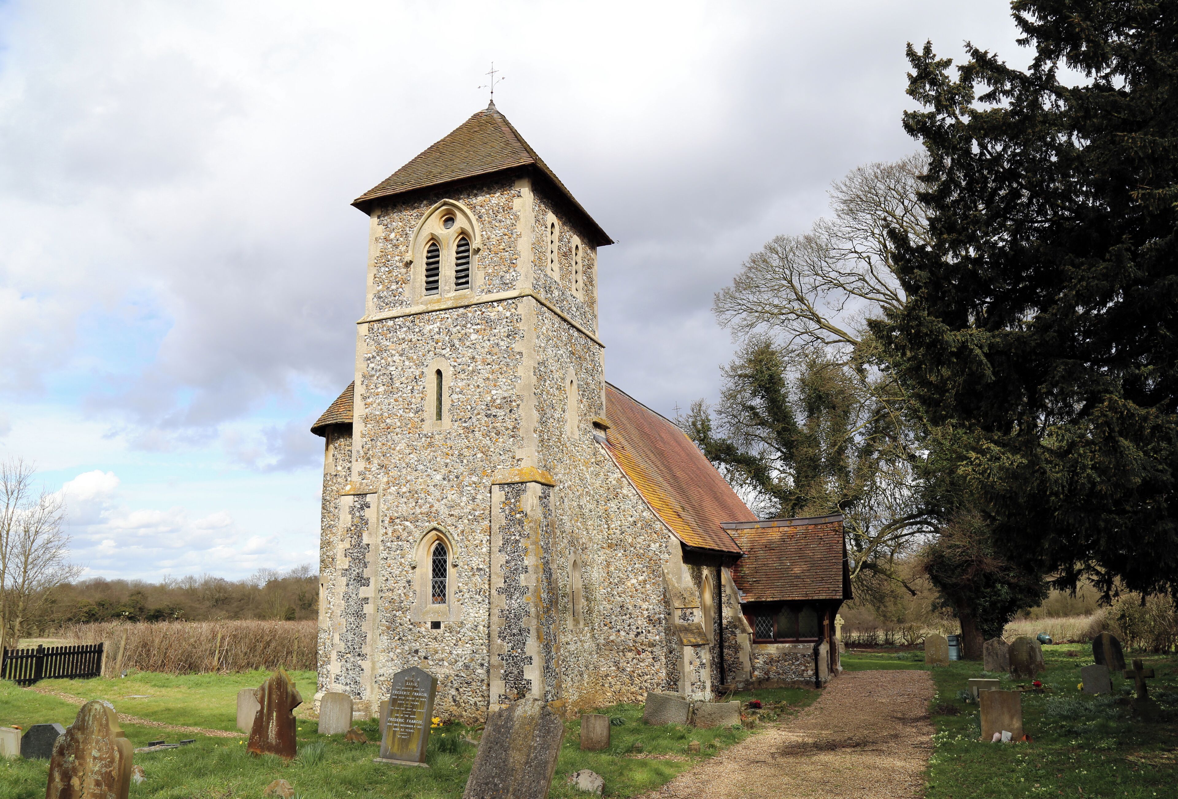 St John the Evangelist's Church, Bush End, Hatfield Broad Oak, Essex, England ~ church and churchyard and yew tree from the south-west