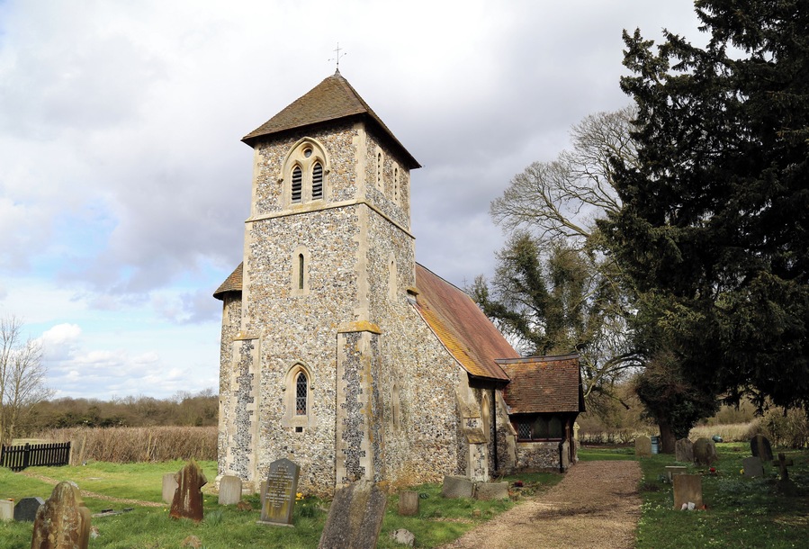 St John the Evangelist's Church, Bush End, Hatfield Broad Oak, Essex, England ~ church and churchyard and yew tree from the south-west