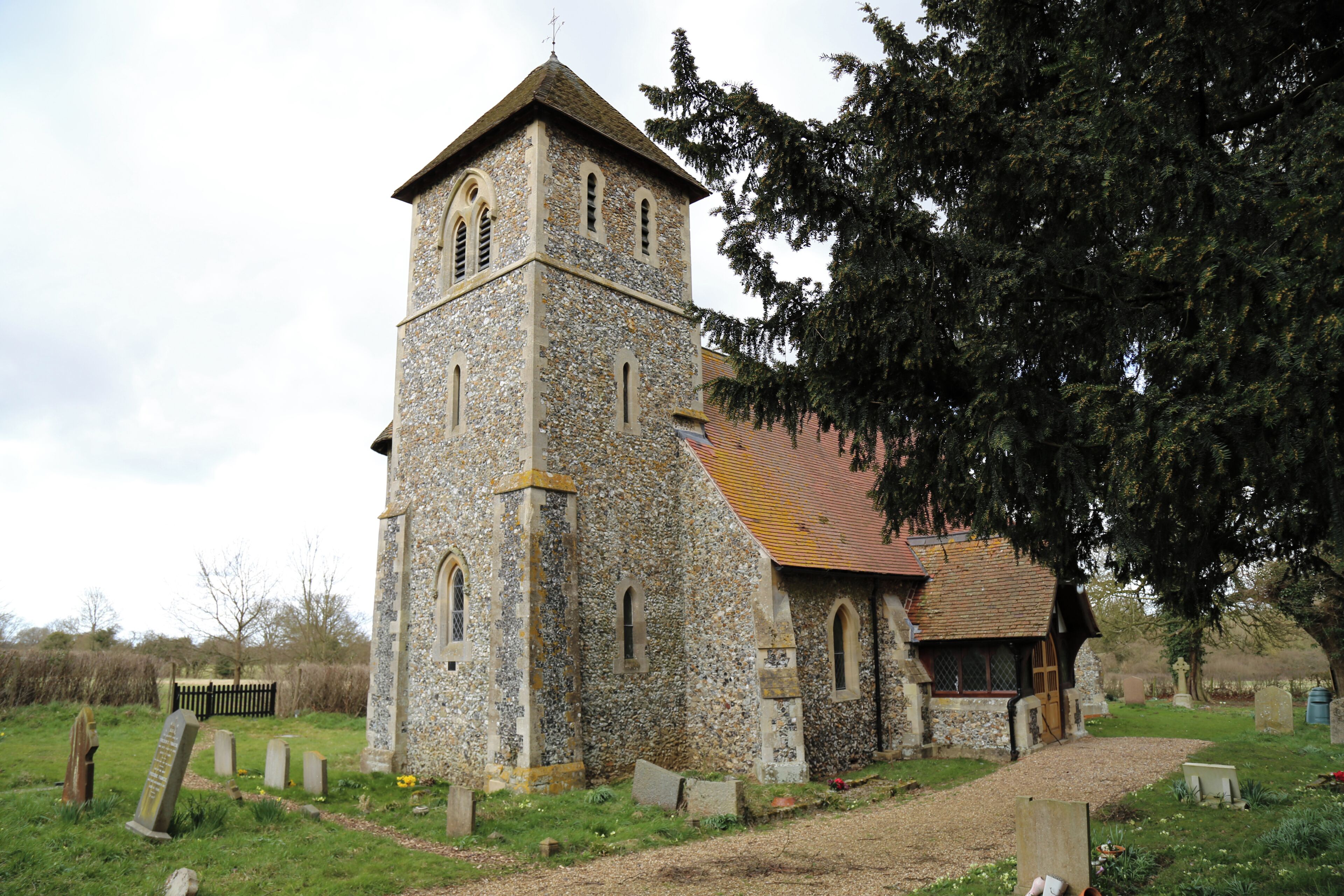 St John the Evangelist's Church, Bush End, Hatfield Broad Oak, Essex, England ~ church and churchyard and yew tree from the south-west