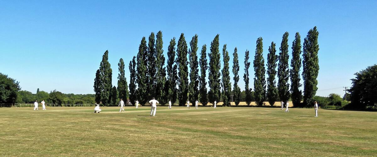 A public Herts and Essex League Saturday cricket game between Little Hallingbury CC and Thorley CC (Little Hallingbury batting), at Gaston Green, Little Hallingbury, Essex, England in 2018. Camera: Canon PowerShot SX60 HS Software: File lens-corrected, optimized, perhaps cropped, with DxO PhotoLab, and likely further optimized with Adobe Photoshop CS2.