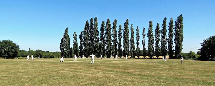 A public Herts and Essex League Saturday cricket game between Little Hallingbury CC and Thorley CC (Little Hallingbury batting), at Gaston Green, Little Hallingbury, Essex, England in 2018. Camera: Canon PowerShot SX60 HS Software: File lens-corrected, optimized, perhaps cropped, with DxO PhotoLab, and likely further optimized with Adobe Photoshop CS2.