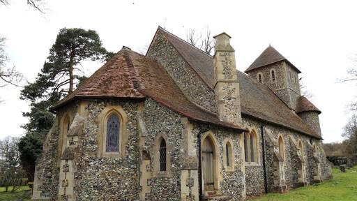 St John the Evangelist's Church, Bush End, Hatfield Broad Oak, Essex, England ~ buttressed chancel and nave, and vestry with attached chimney stack at the north of the chancel