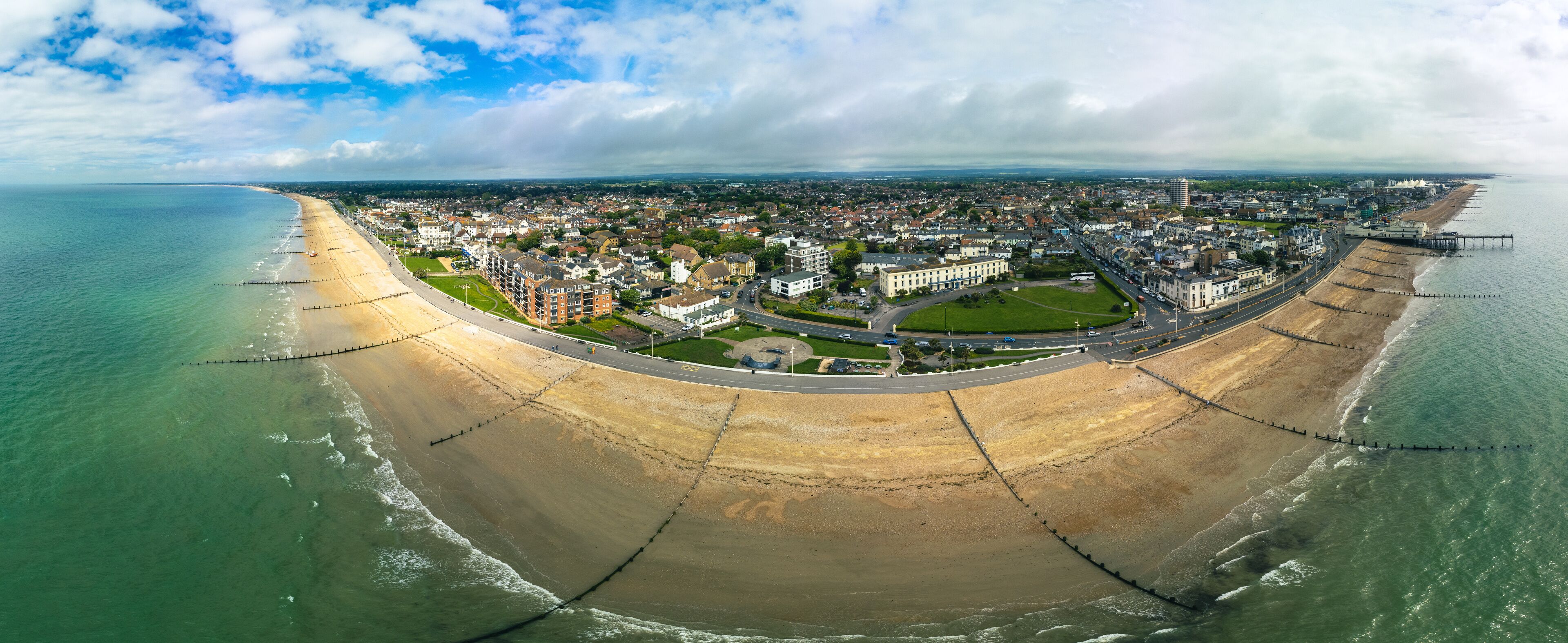 Panoramic aerial done view of Bognor Regis beach, West Sussex, England