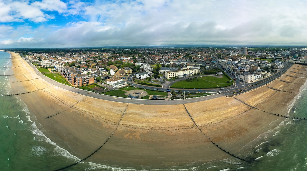 Panoramic aerial done view of Bognor Regis beach, West Sussex, England