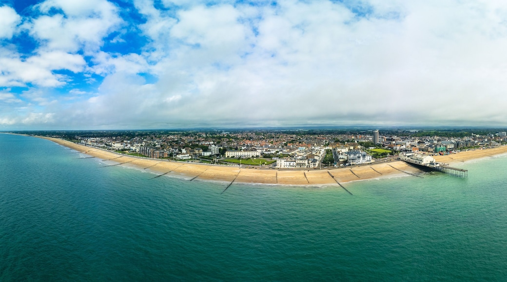 Panoramic aerial done view of Bognor Regis beach, West Sussex, England