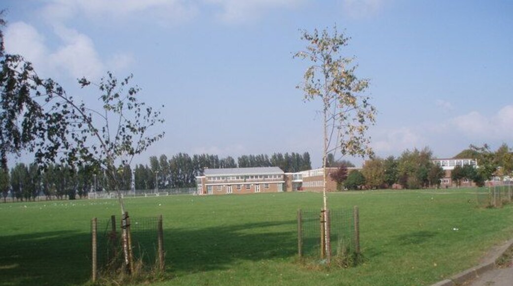 Rear view of St Philip Howard RC School Taken from end of Gosponds Road