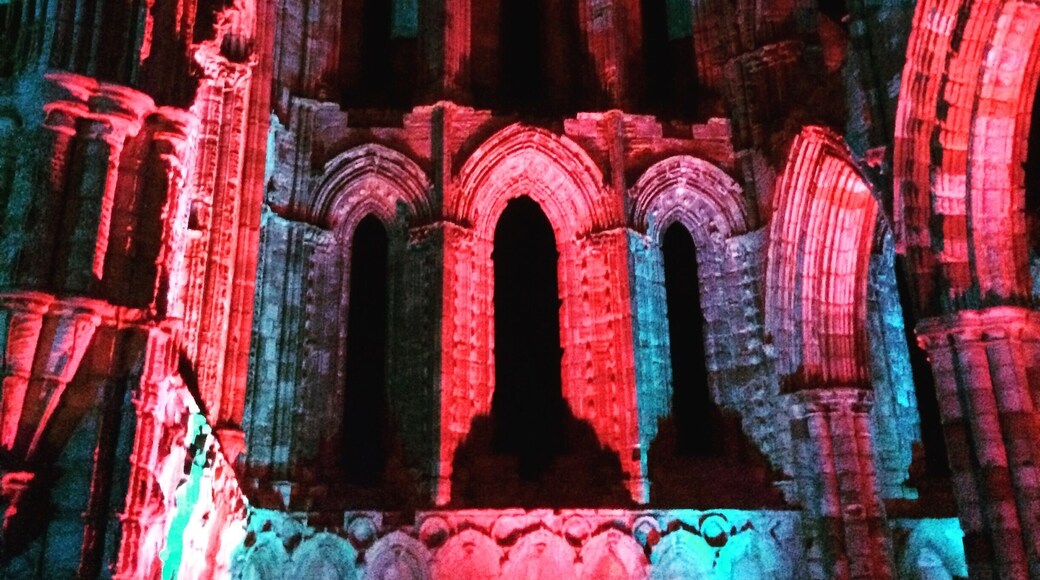 The beautiful ruined Abbey at Whitby, North Yorkshire, lit up for the annual Halloween celebrations.