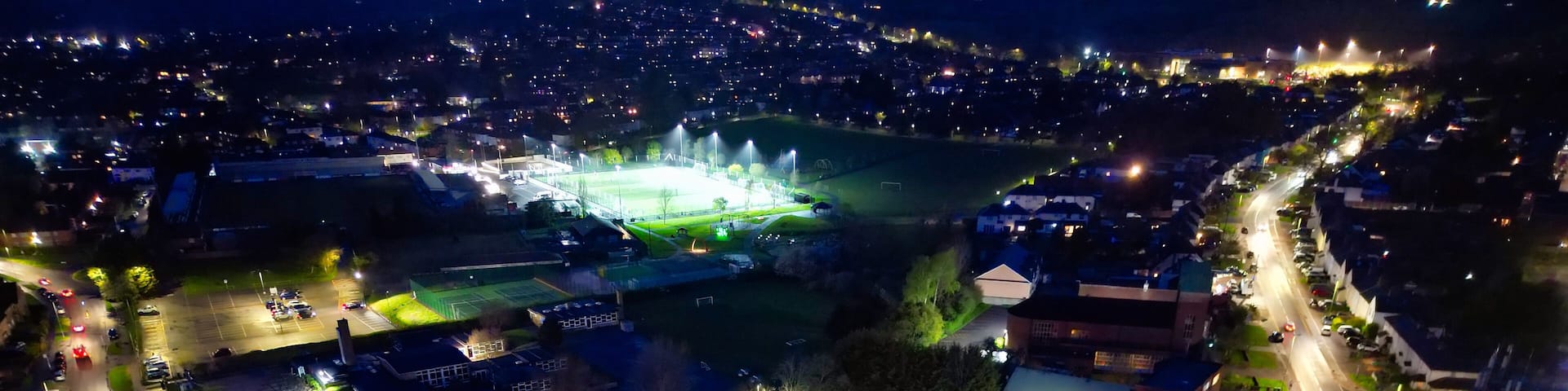High Angle View of Illuminated Buildings at Central Borehamwood London City of England United Kingdom During Night. April 4th, 2024