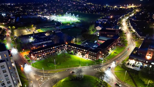 High Angle View of Illuminated Buildings at Central Borehamwood London City of England United Kingdom During Night. April 4th, 2024