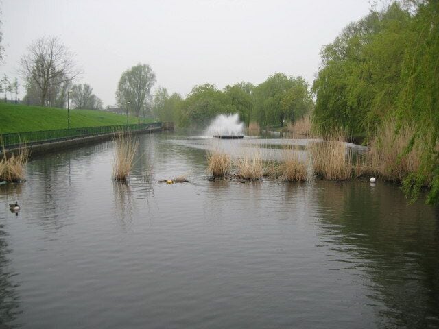 Un río tranquilo con patos, una fuente y una orilla cubierta de césped.
