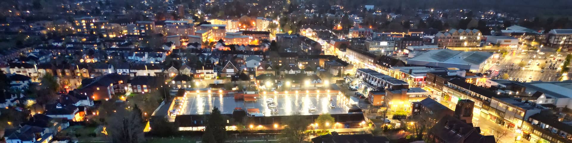 High Angle View of Illuminated Buildings at Central Borehamwood London City of England United Kingdom During Night. April 4th, 2024