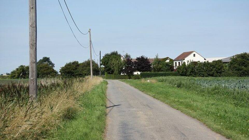 A rural road with a white house on the right, surrounded by fields and trees.