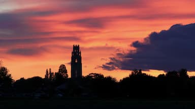 Sunset over Boston Stump tower. Silhouette with magnificent colourful clouds over the Lincolnshire church landmark.