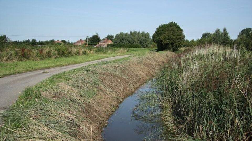 A narrow rural road alongside a water channel with overgrown vegetation.