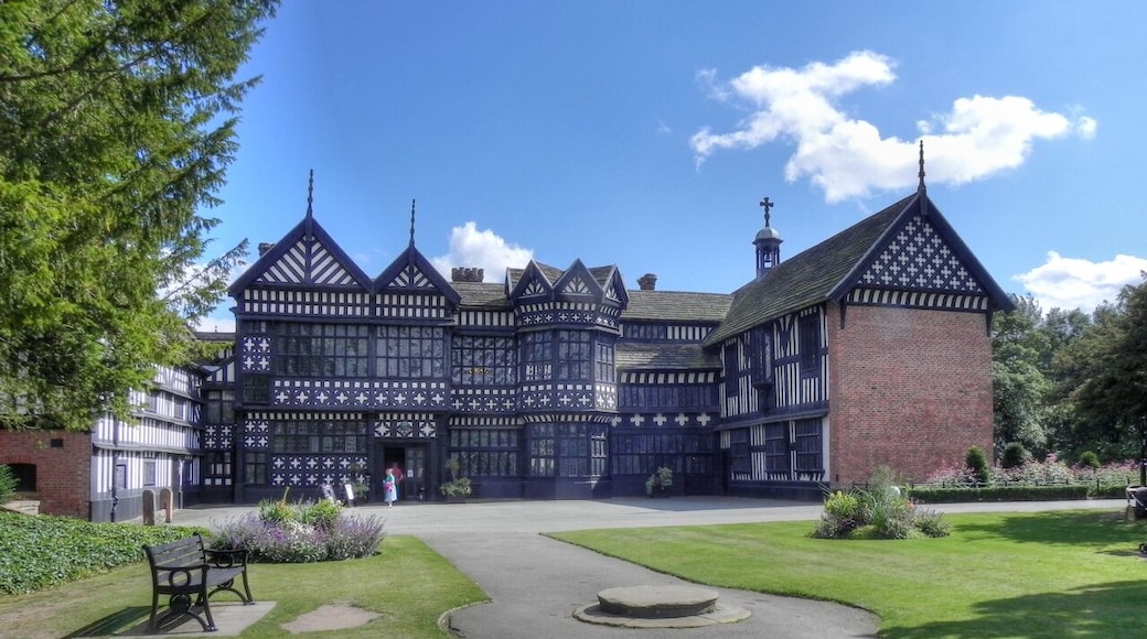 Bramall Hall viewed from the west, showing the main entrance, the courtyard and the north and south wings. The Great Hall is in the centre.