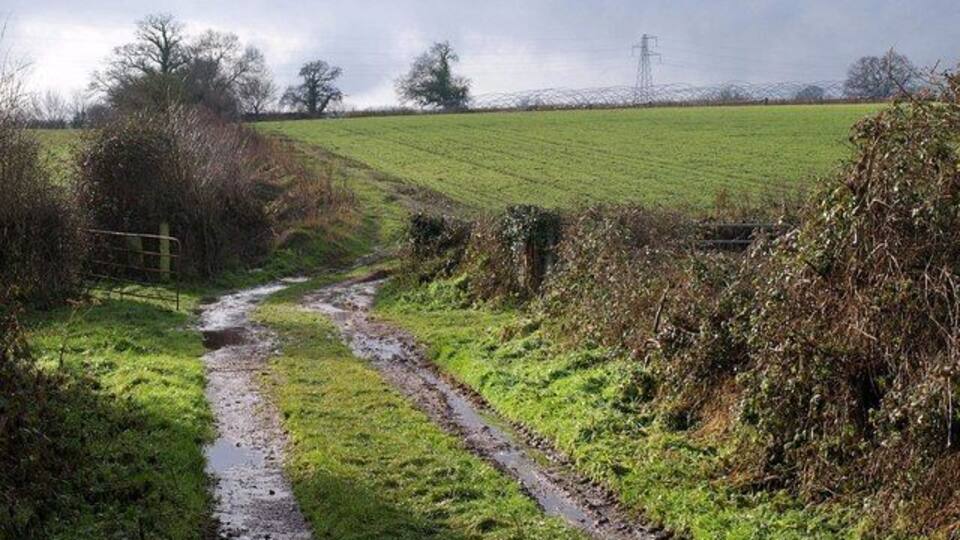 A narrow, muddy path through a rural area with a fence on one side and a field on the other.