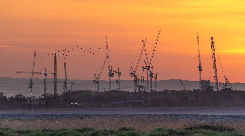 Cranes filling the horizon line as work goes on at Hinkley Point in Somerset