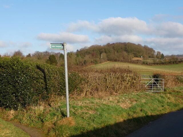 Round Hill Wood Viewed from the footpath which connects the Old Birmingham Road with Staple flat, in the background is a piece of ancient woodland called Round Hill Wood.