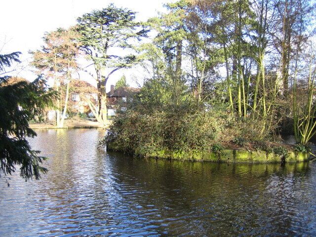 Bushey Heath: Warren Lake. Viewed looking northwards at the island in the middle of the lake.