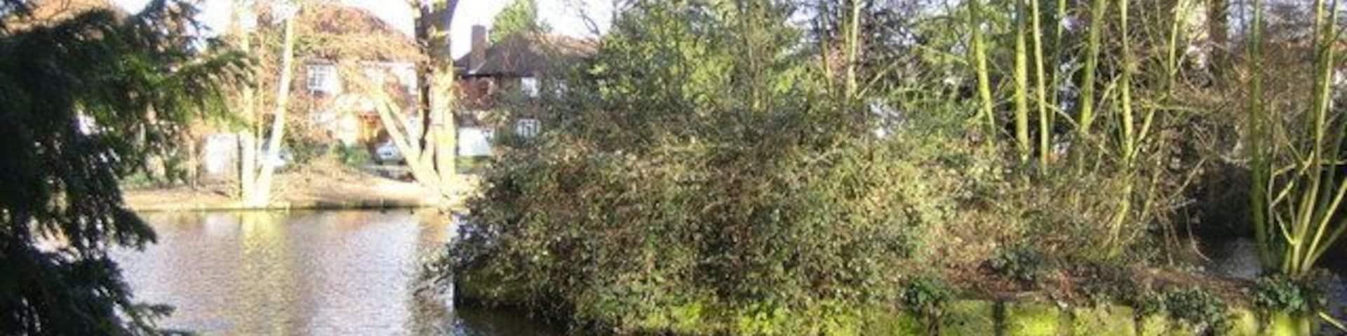 Un río tranquilo con árboles y un edificio al fondo.