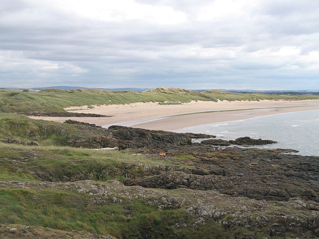 A coastal landscape with a sandy beach, rocky outcrops, and grassy dunes under a cloudy sky.
